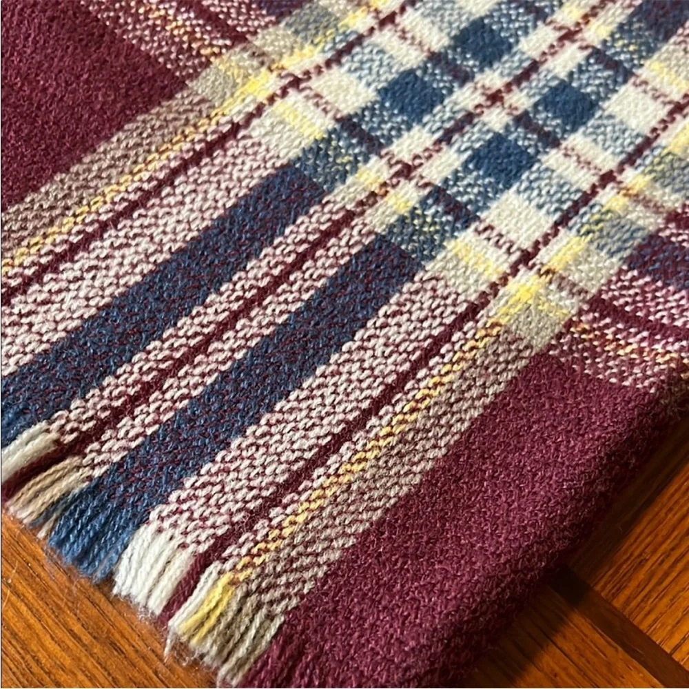 Roots | Size 45”x45” Burgundy, Blue, Yellow & White Plaid Scarf/Shawl - Picture 4 of 7